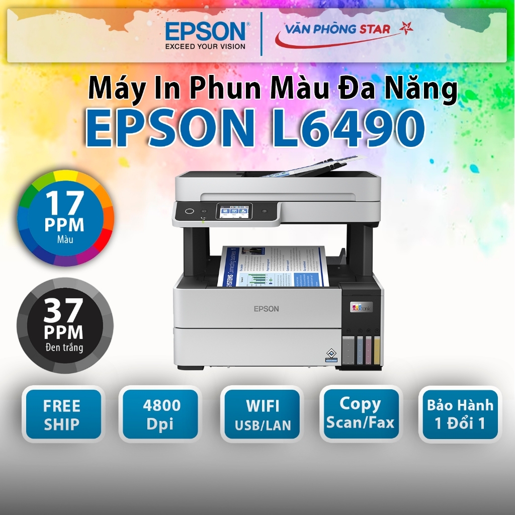 Máy in phun màu Epson Đa chức năng Ecotank L6490. Máy in ảnh A4 không dây, máy scan, máy photo, máy Fax chính hãng epson