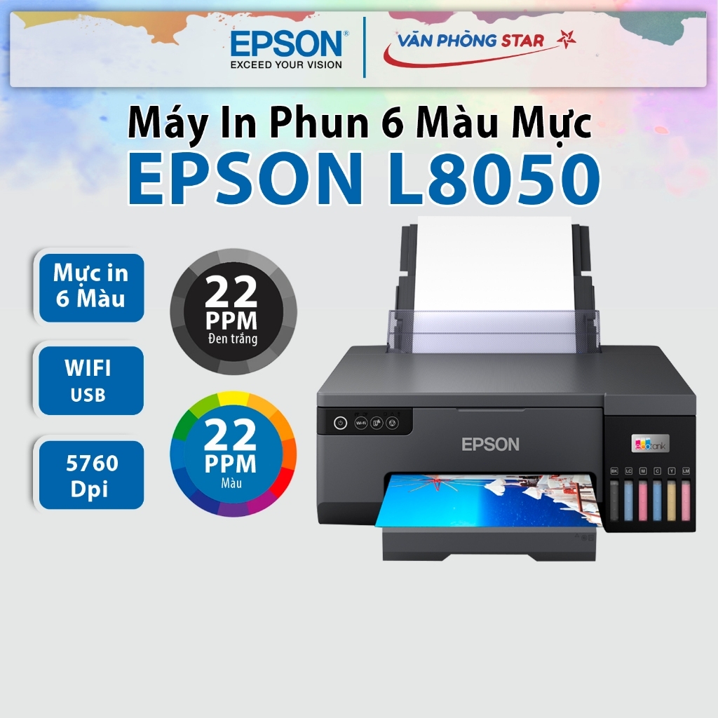 Máy in phun màu Epson L8050 Wifi. Máy in ảnh A4 không dây dùng mực in 6 màu chính hãng epson