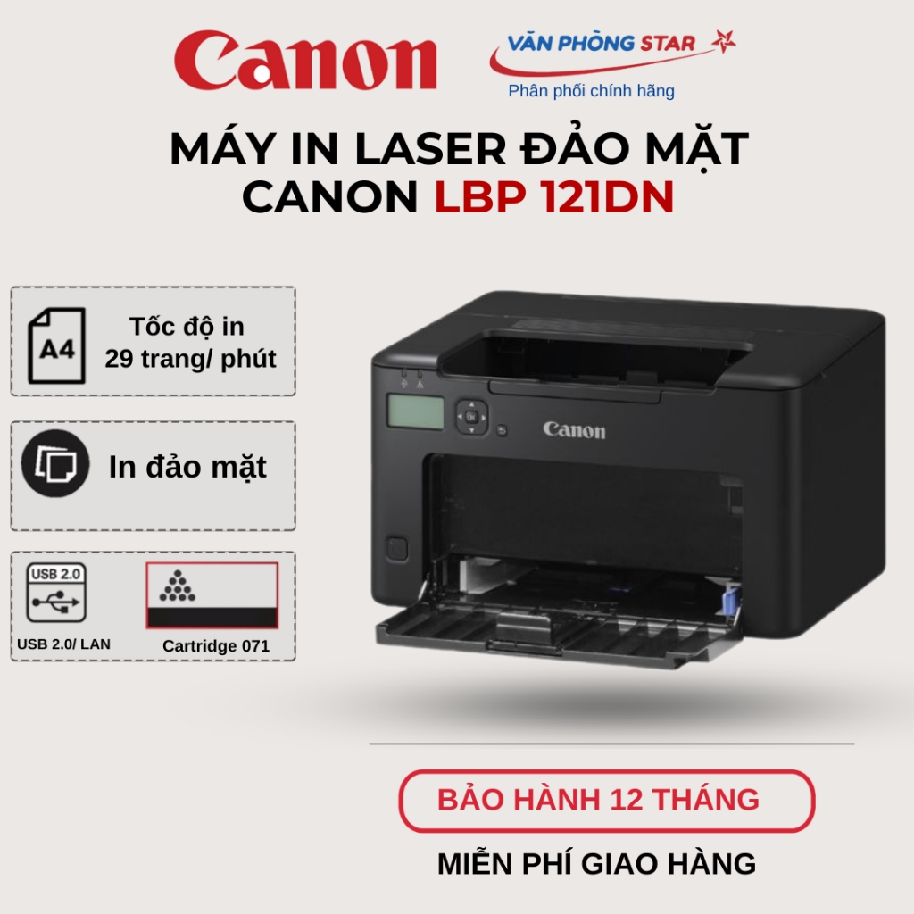 Máy in laser Canon LBP 121DN. Máy in đơn năng, đảo mặt tự động.Mới 100% bảo hành chính hãng 12 tháng