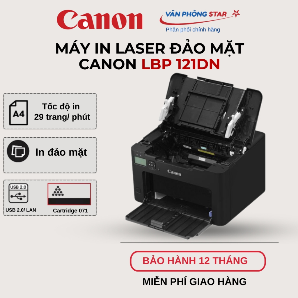 Máy in laser Canon LBP 121DN. Máy in đơn năng, đảo mặt tự động.Mới 100% bảo hành chính hãng 12 tháng
