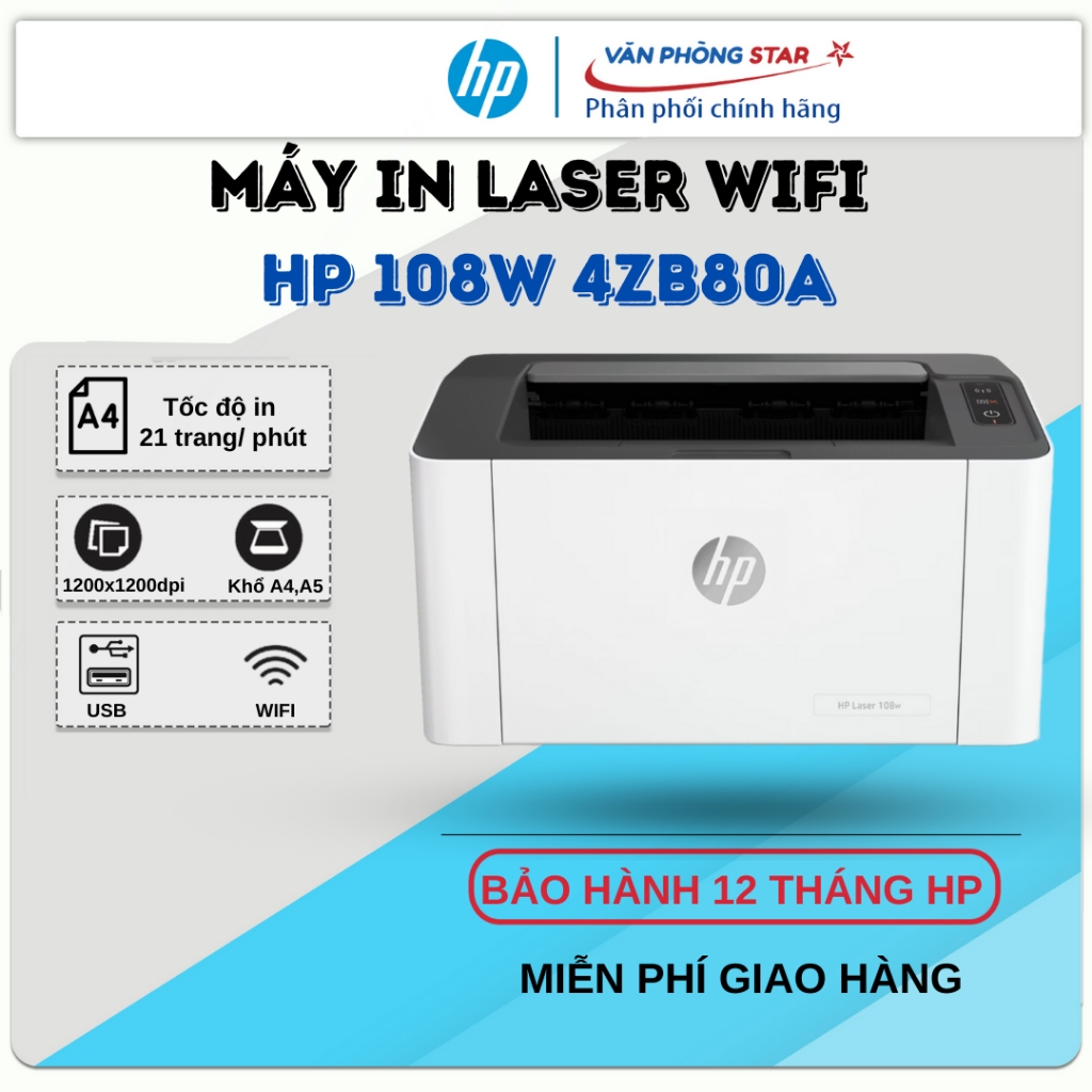 Máy in Laser HP 108W (4ZB80A) - Máy in wifi đen trắng mới 100% - Bảo hành chính hãng HP 12 tháng.