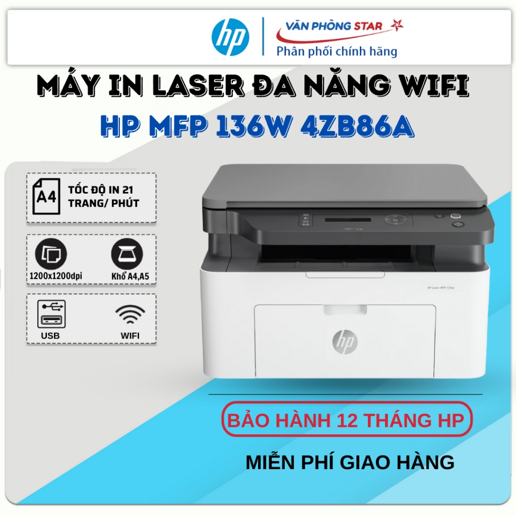 Máy in Laser đen trắng Wifi HP 136W 4ZB86A đa chức năng( In, Copy, Scan) - Bảo hành 12 tháng HP