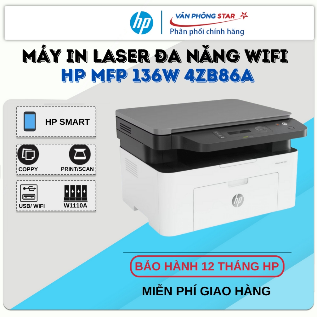 Máy in Laser đen trắng Wifi HP 136W 4ZB86A đa chức năng( In, Copy, Scan) - Bảo hành 12 tháng HP