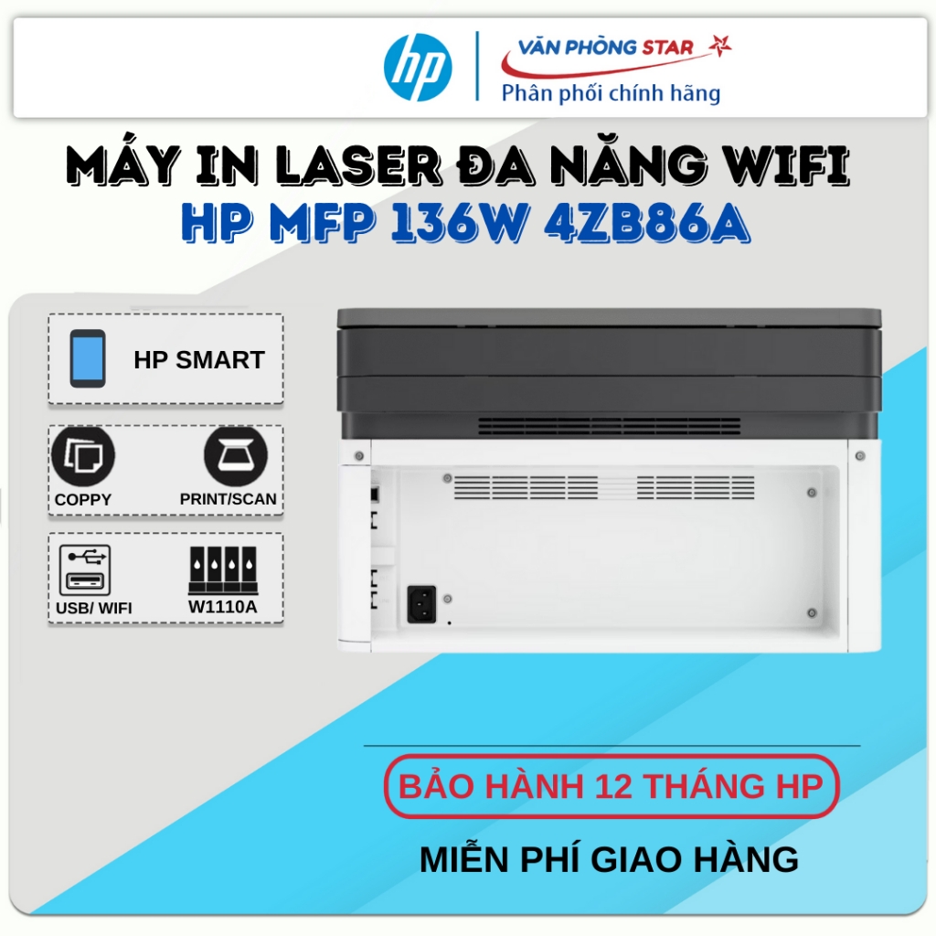 Máy in Laser đen trắng Wifi HP 136W 4ZB86A đa chức năng( In, Copy, Scan) - Bảo hành 12 tháng HP