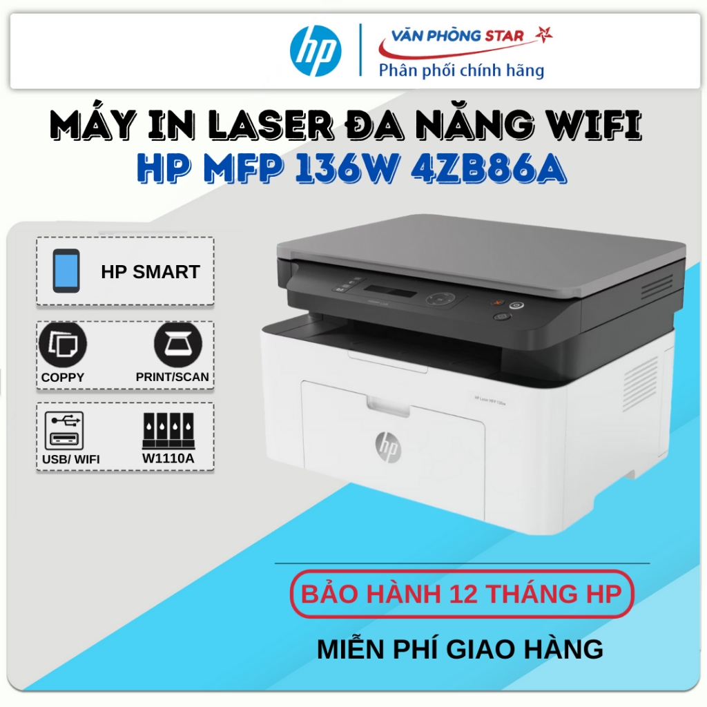 Máy in Laser đen trắng Wifi HP 136W 4ZB86A đa chức năng( In, Copy, Scan) - Bảo hành 12 tháng HP