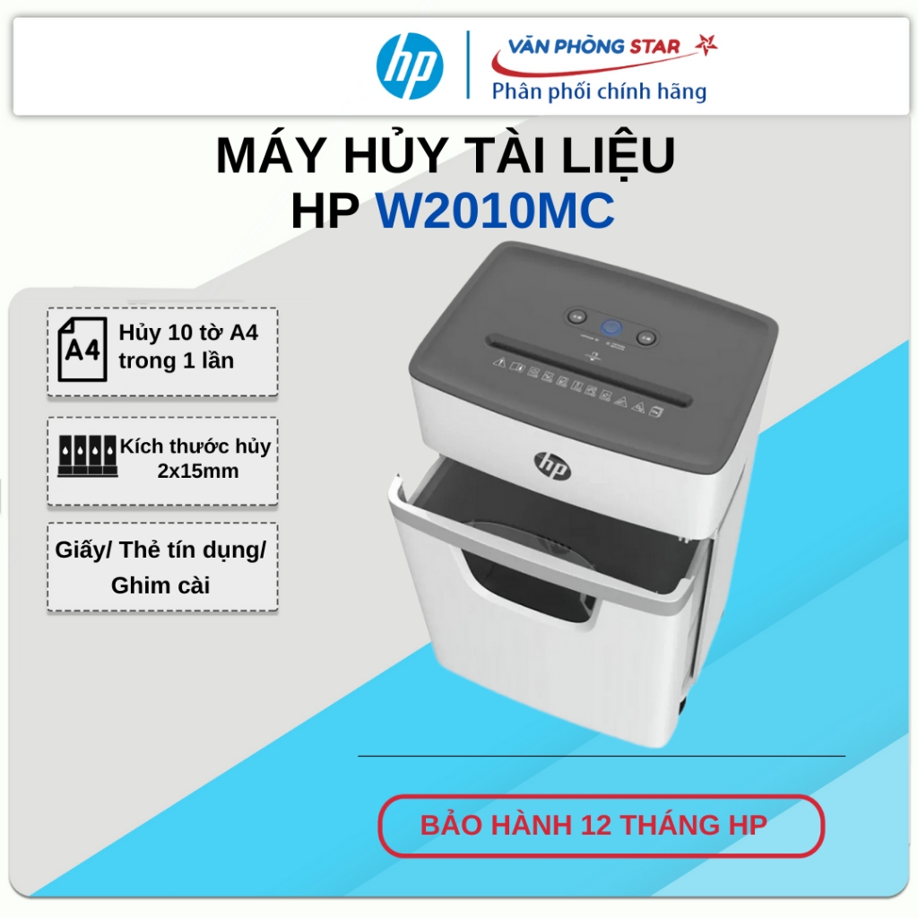 Máy hủy tài liệu HP W2010MC: Hủy 10 tờ/ lần - Giấy/Ghim/Thẻ  - Mới 100% Chính hãng bảo hành 12 tháng
