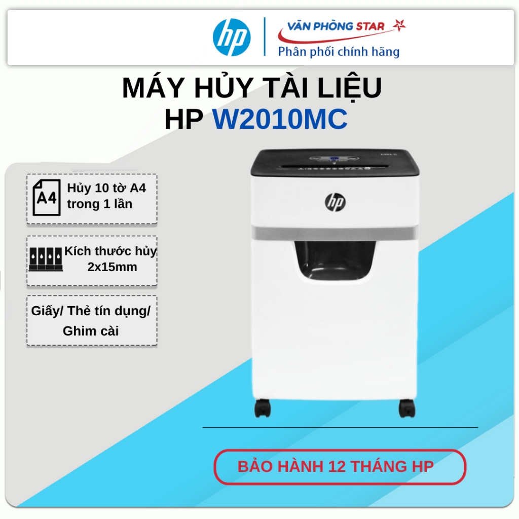 Máy hủy tài liệu HP W2010MC: Hủy 10 tờ/ lần - Giấy/Ghim/Thẻ  - Mới 100% Chính hãng bảo hành 12 tháng