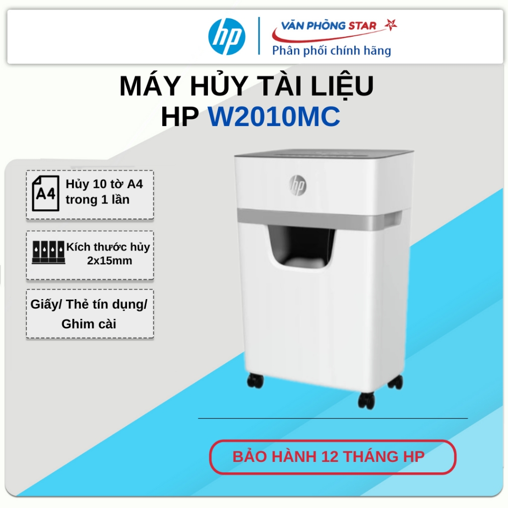 Máy hủy tài liệu HP W2010MC: Hủy 10 tờ/ lần - Giấy/Ghim/Thẻ  - Mới 100% Chính hãng bảo hành 12 tháng