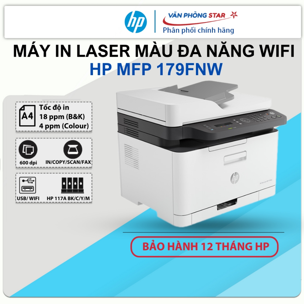 Máy in laser màu đa chức năng HP MFP 179fnw in, copy, scan, fax tốc độ 18 trang/phút cho doanh nghiệp