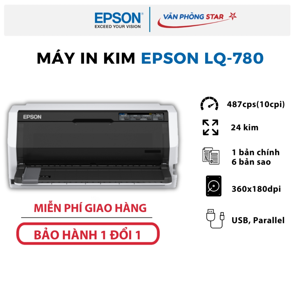 Máy in kim Epson LQ-780 tốc độ 10cpi, 24 kim, In 7 liên dùng In Hóa Đơn, Phiếu Xuất Kho, Kế Toán