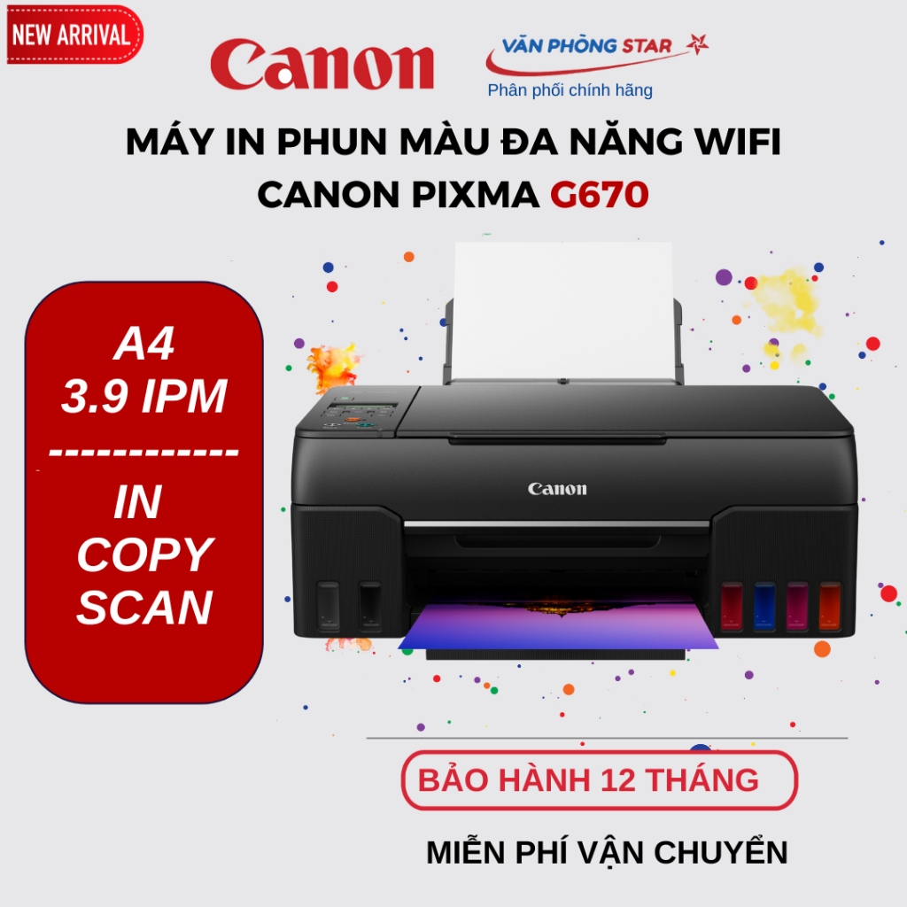 Máy in phun màu Canon Pixma G670 đa chức năng 6 bình mực - In màu Wifi, Copy, Scan - Mới 100%