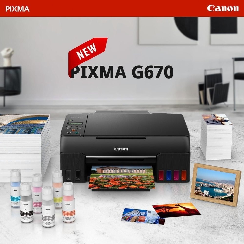 Máy in phun màu Canon Pixma G670 đa chức năng 6 bình mực - In màu Wifi, Copy, Scan - Mới 100%