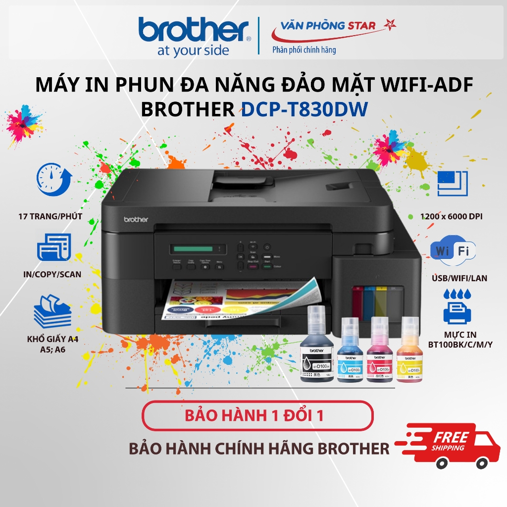 Máy In Phun Màu Đa Năng Brother DCP-T830DW – In màu 2 Mặt Tự Động, WiFi, Copy, Scan, ADF. Mới 100%