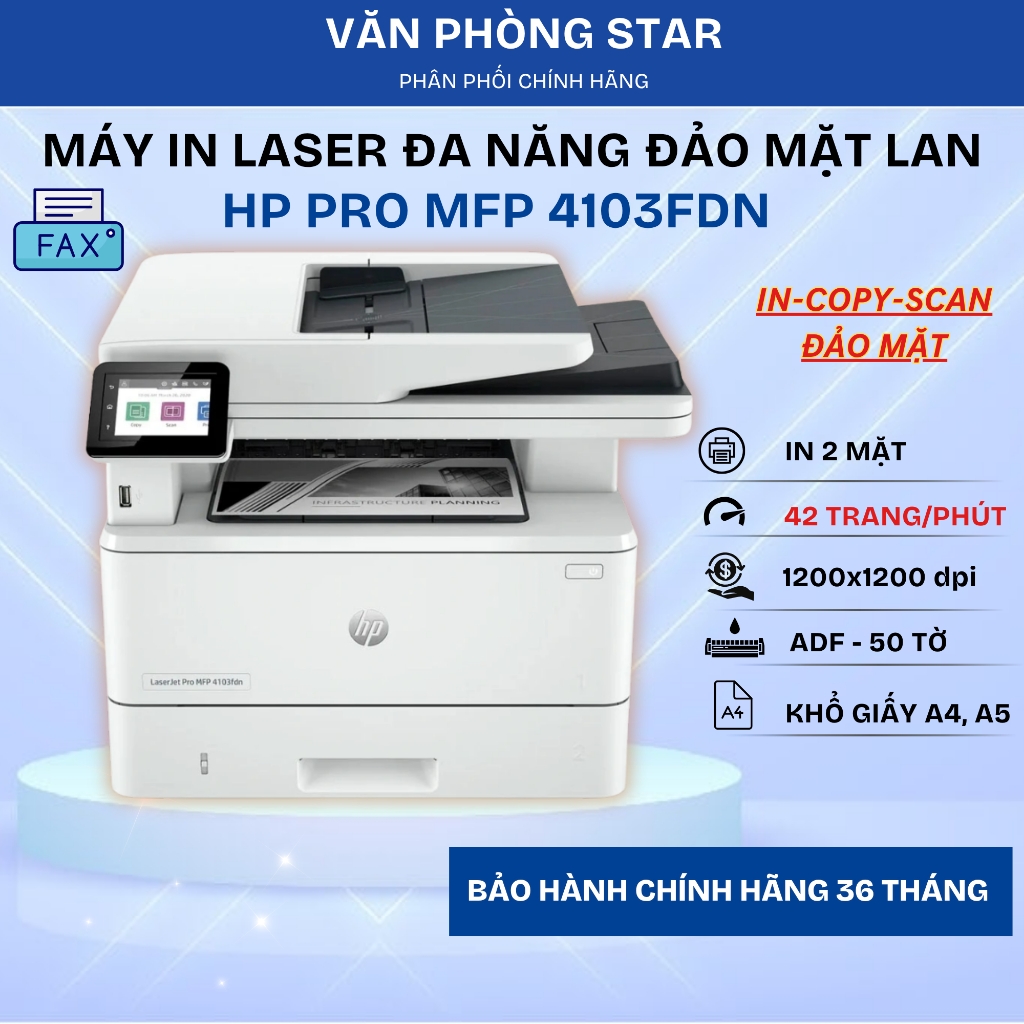 Máy In HP LaserJet Pro MFP 4103FDN - In Scan Copy Đảo mặt Tự Động, Kết Nối LAN Dùng Cho Doanh Nghiệp