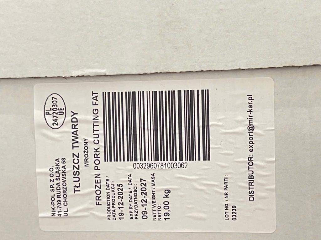 MỠ HEO CẮT NIKPOL - THÙNG 19KG