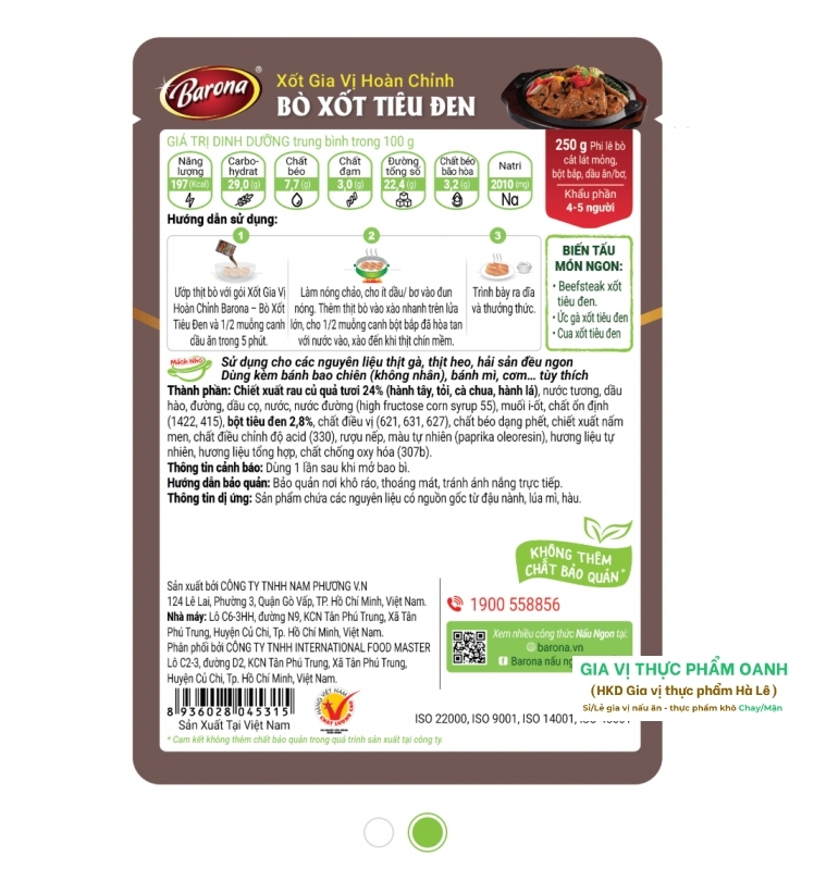 (Set 5/2,5-3kg thịt) Gia vị hoàn chỉnh BÒ XỐT TIÊU ĐEN Barona (80gr)