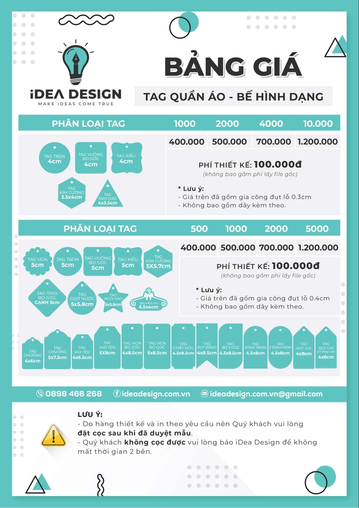 Bảng giá tag treo bế theo hình dạng yêu cầu.