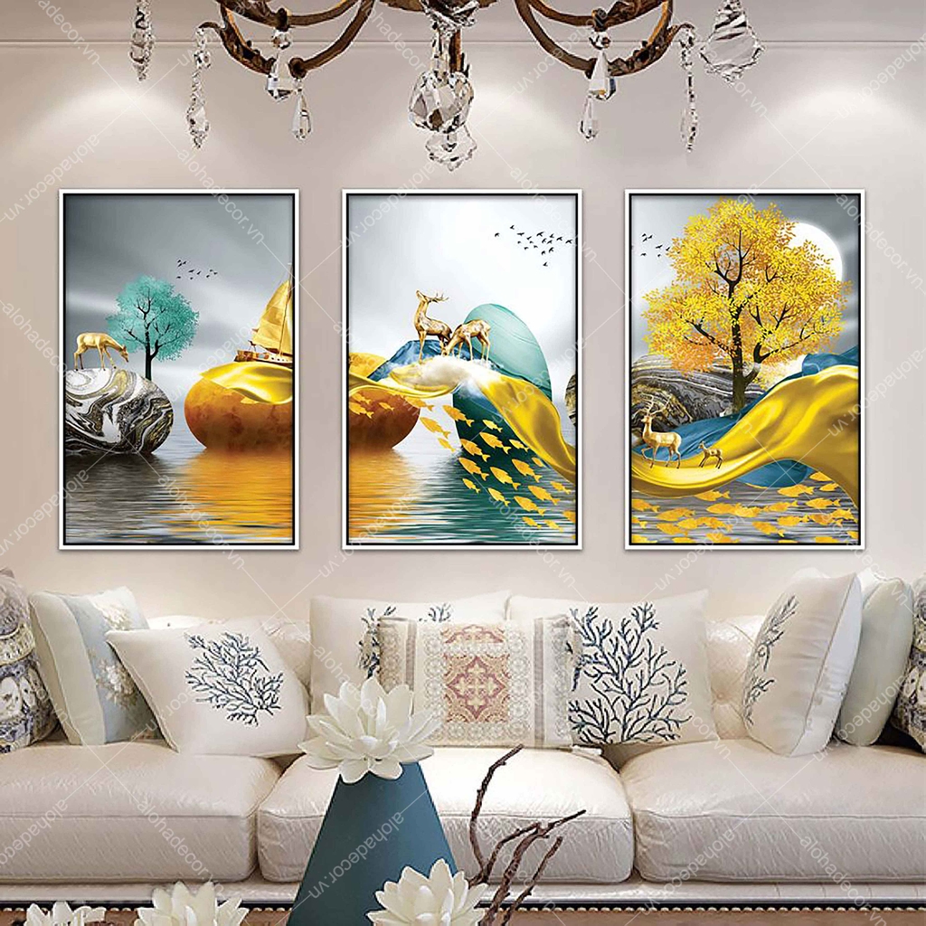 Bộ 3 Tranh Hươu Tài Lộc - Tranh Treo Tường Phòng Khách Aloha Decor ...