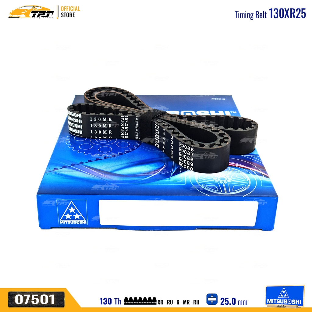 130MR25 Dây Curoa Cam / Dây Đai Răng Toyota BLIZZARD 4x4 2.2 2.4 84-90 CRESSIDA 2.2 2.4 77-96 HIACE II 2.2 77-83 HIACE III 2.2 2.4 82-89 HILUX 2.2 2.4 78-89 LAND CRUISER 4X4 J7 2.4 84- Mitsuboshi - Japan