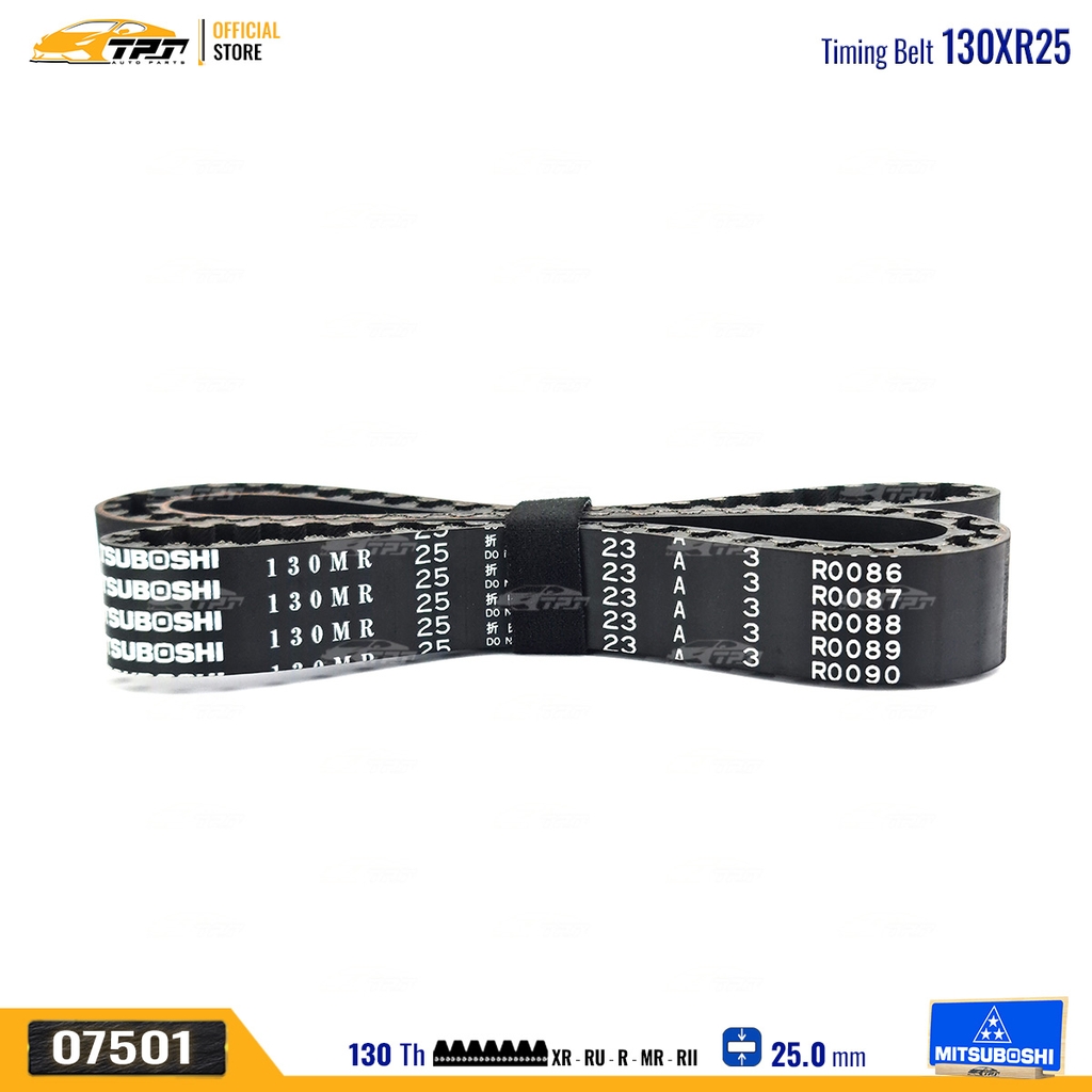 130MR25 Dây Curoa Cam / Dây Đai Răng Toyota BLIZZARD 4x4 2.2 2.4 84-90 CRESSIDA 2.2 2.4 77-96 HIACE II 2.2 77-83 HIACE III 2.2 2.4 82-89 HILUX 2.2 2.4 78-89 LAND CRUISER 4X4 J7 2.4 84- Mitsuboshi - Japan