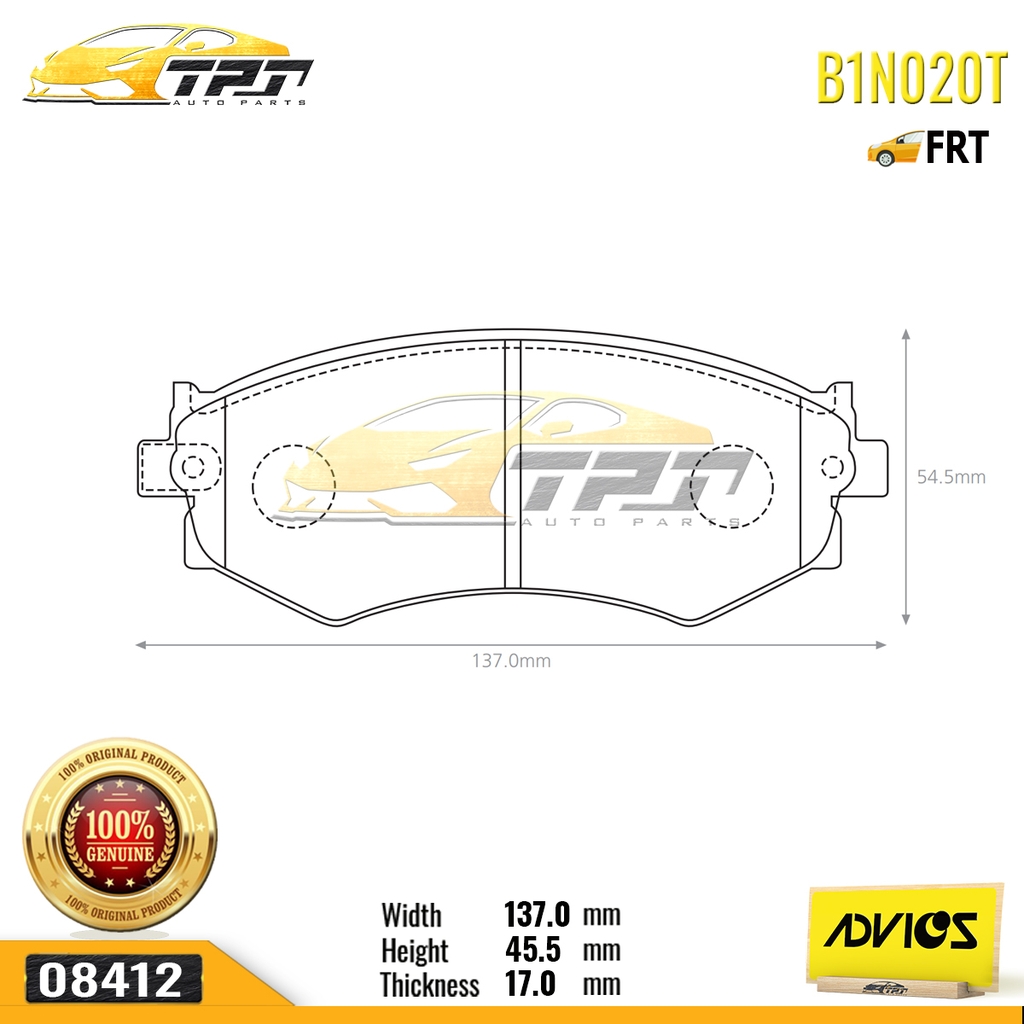 B1N020T - Bố Thắng - Má Phanh TRƯỚC Hyundai SONATA 2.0 01-06 Nissan BLUEBIRD U13 91-97 ADVICS - Japan