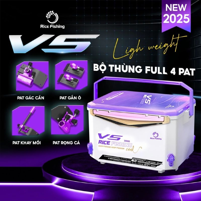 Thùng câu đài V5 KK-62 Rice Fishing chân địa hình phiên bản mới