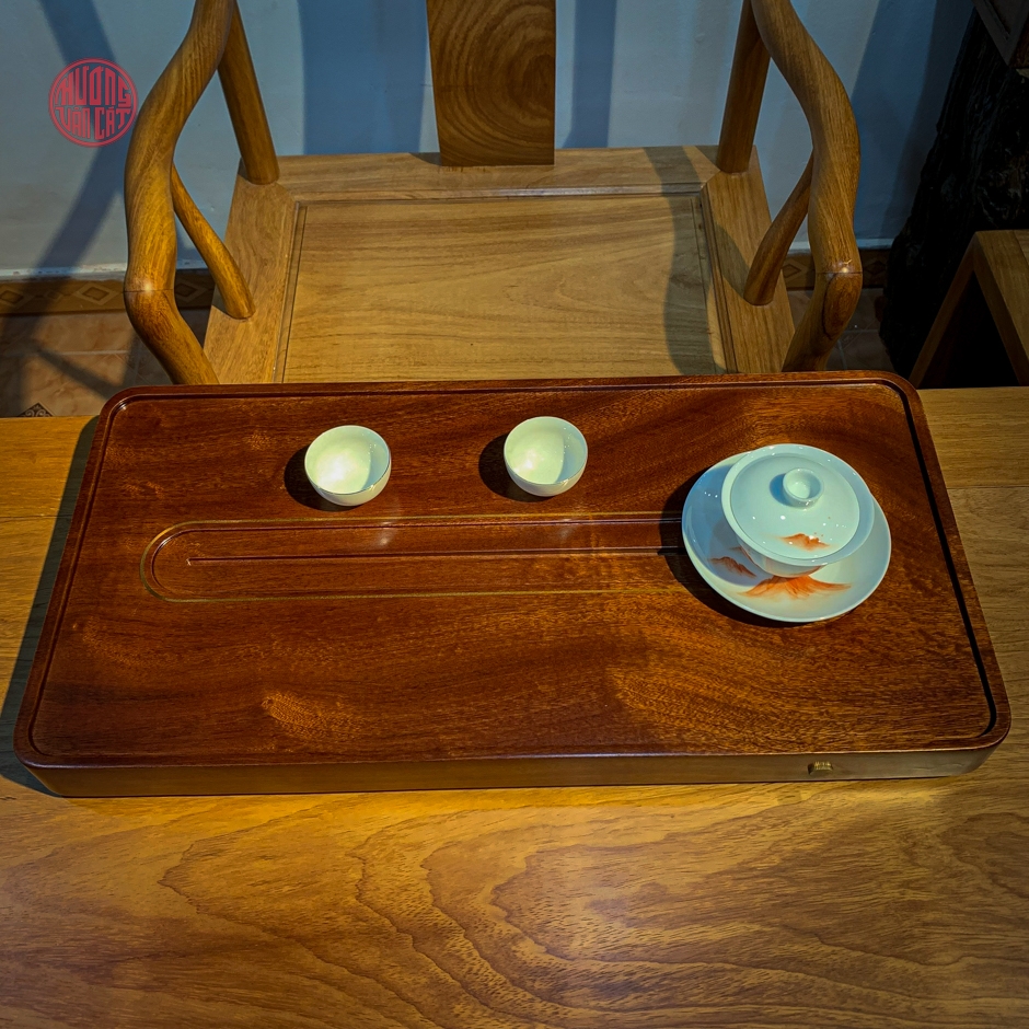 Khay trà gỗ nguyên khối Khảm đồng tròn( 60x30cm)