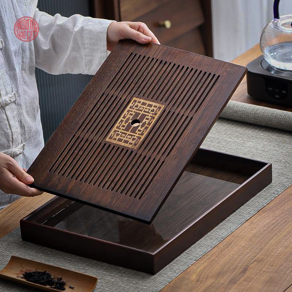 Khay trà tre để ấm chén màu gỗ dạng hộp ( 40x28cm )