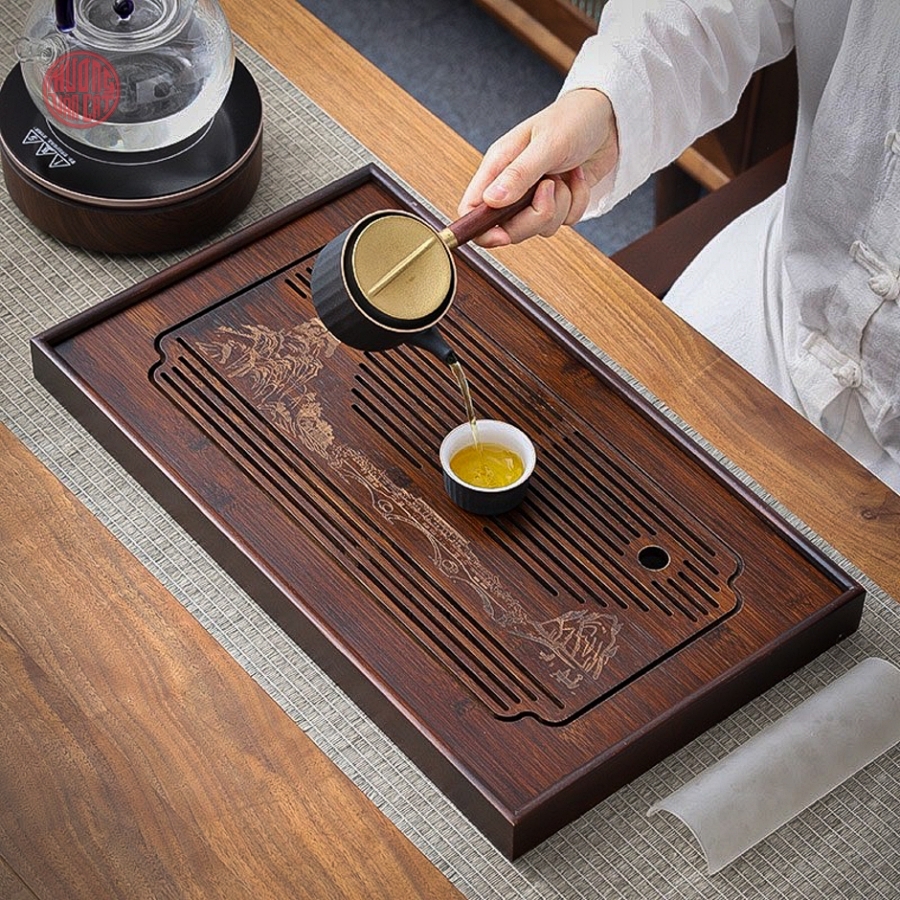 Khay trà tre hộp màu gỗ đen khắc giang sơn ( 48x28cm )