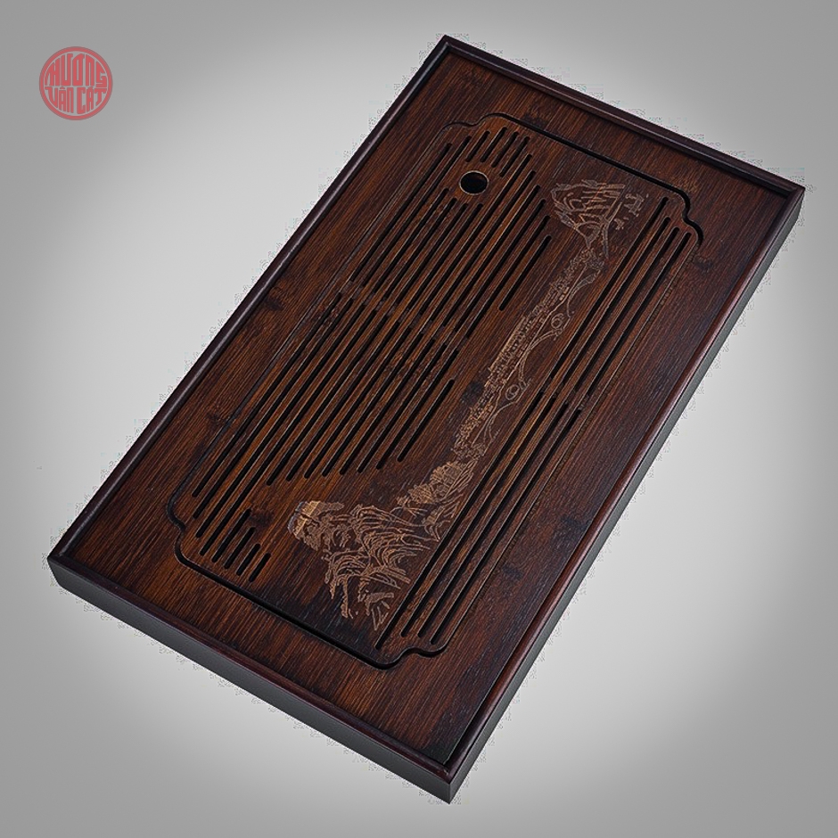 Khay trà tre hộp màu gỗ đen khắc giang sơn ( 48x28cm )