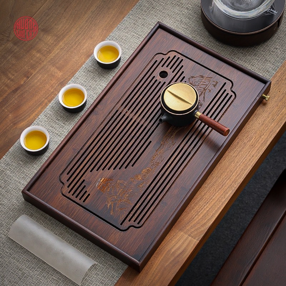 Khay trà tre hộp màu gỗ đen khắc giang sơn ( 48x28cm )