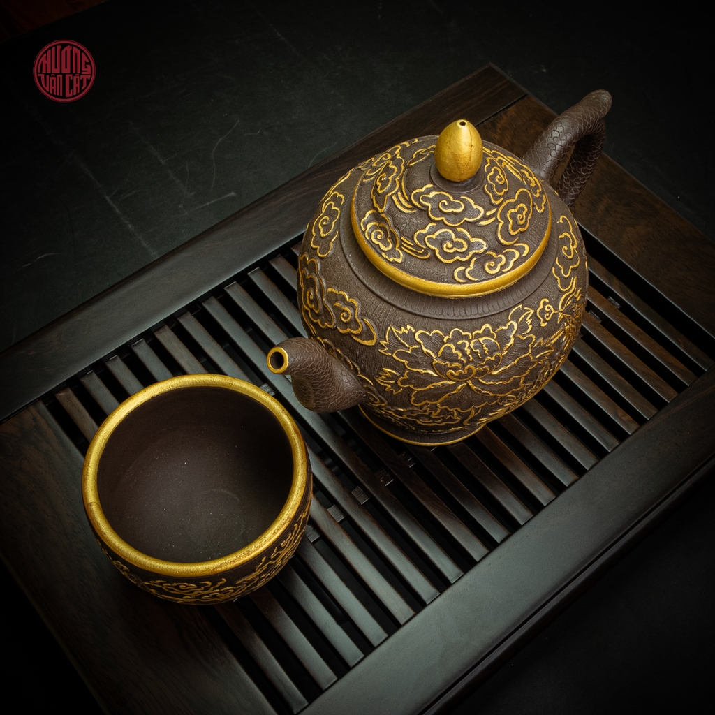 Ấm trà tử sa cổ cung đình phượng hoàng lửa viền vàng