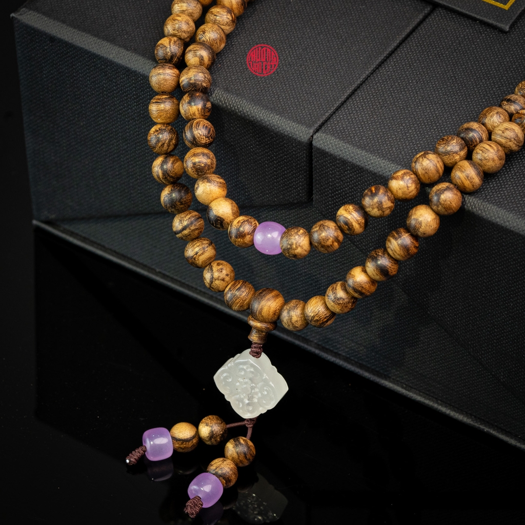 Vòng Trầm Hương 108 hạt rục cận chìm mix đá tím