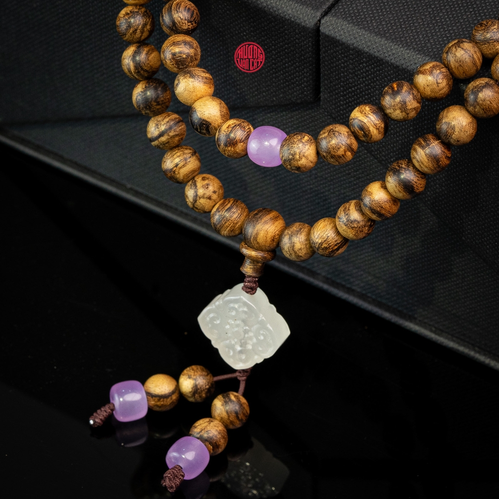 Vòng Trầm Hương 108 hạt rục cận chìm mix đá tím