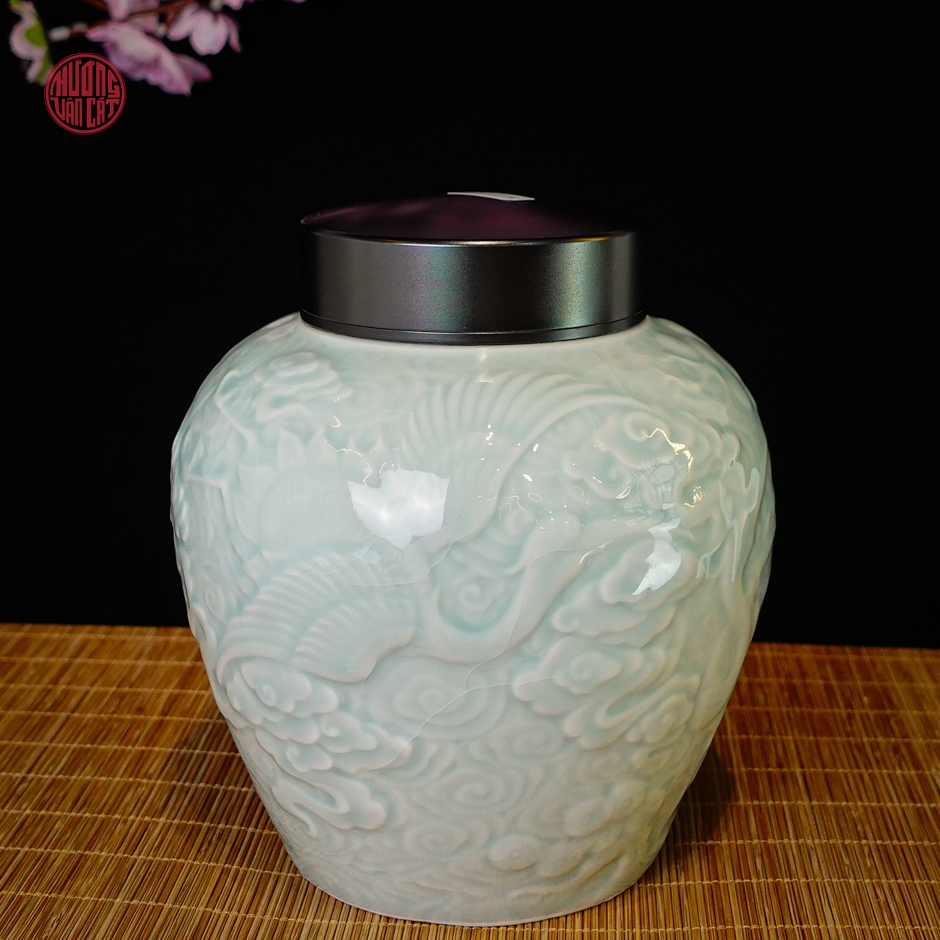 Hũ đựng trà sứ men rạn xanh ngọc tùng hạc ( 900ml )