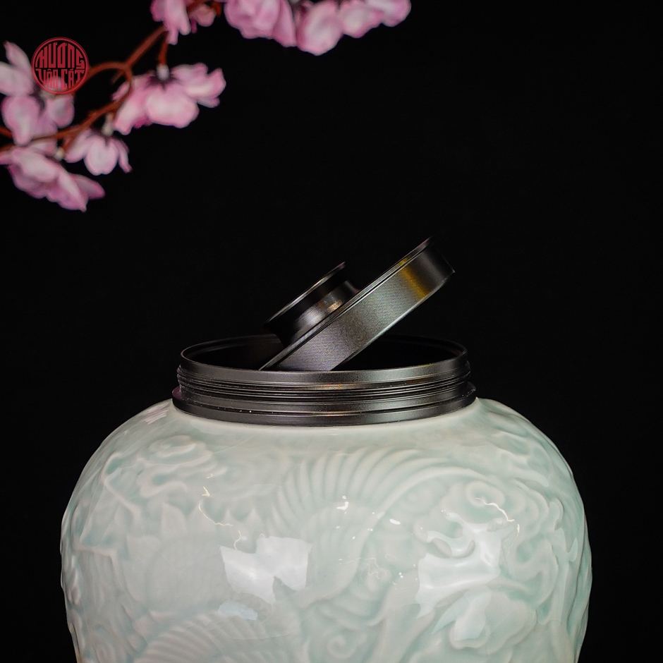 Hũ đựng trà sứ men rạn xanh ngọc tùng hạc ( 900ml )