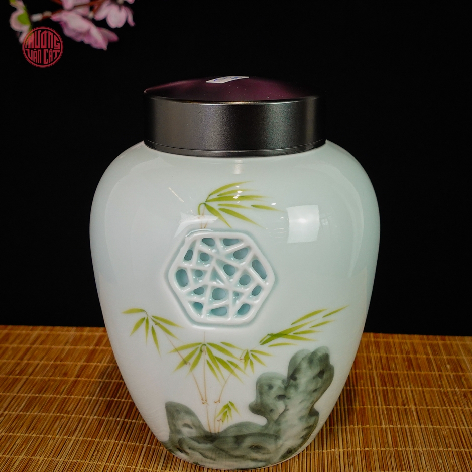 Hũ trà sứ cảnh đức họa trúc nắp xoáy 2 lớp ( 800ml )