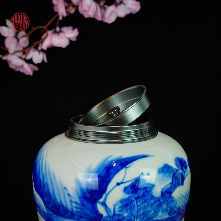 Hũ đựng trà sứ cao cấp vẽ tay nắp xoáy kín ( 900ml )