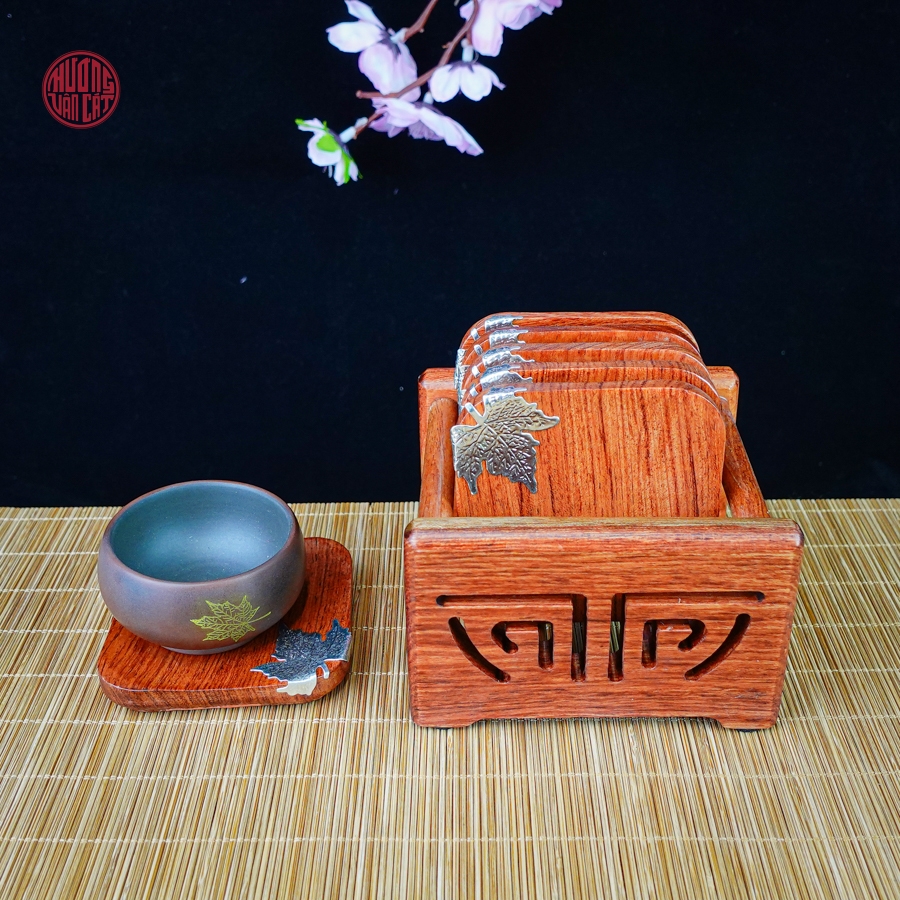 Bộ lót chén gỗ hương dáng vuông đính bạc