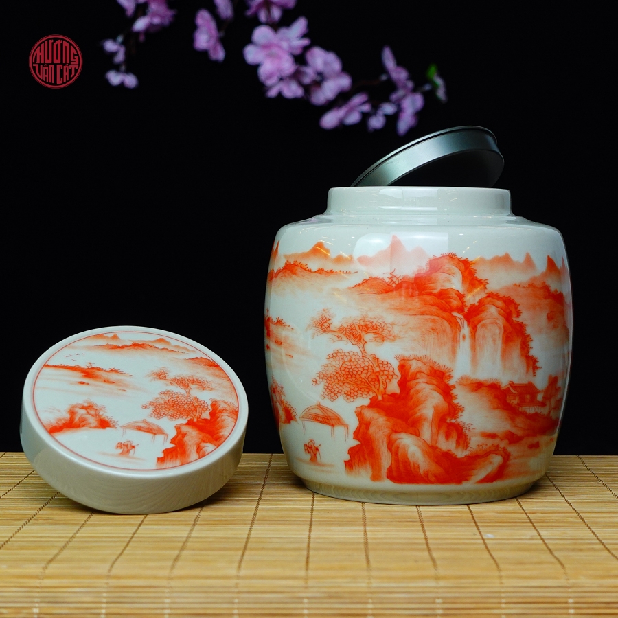 Hũ đựng trà sứ cảnh đức màu đỏ cao cấp vẽ sơn thủy ( 1000ml )