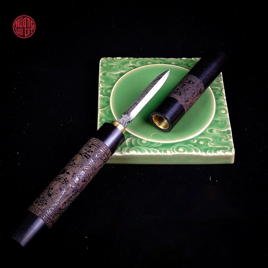 Dao khư trà phổ nhĩ lưỡi inox rồng cán gỗ mun