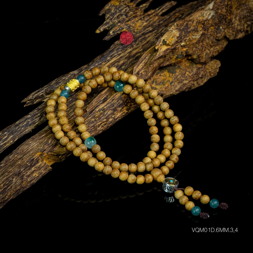 Chuỗi trầm hương 108 hạt 6 li banh mix đá và charm bạc