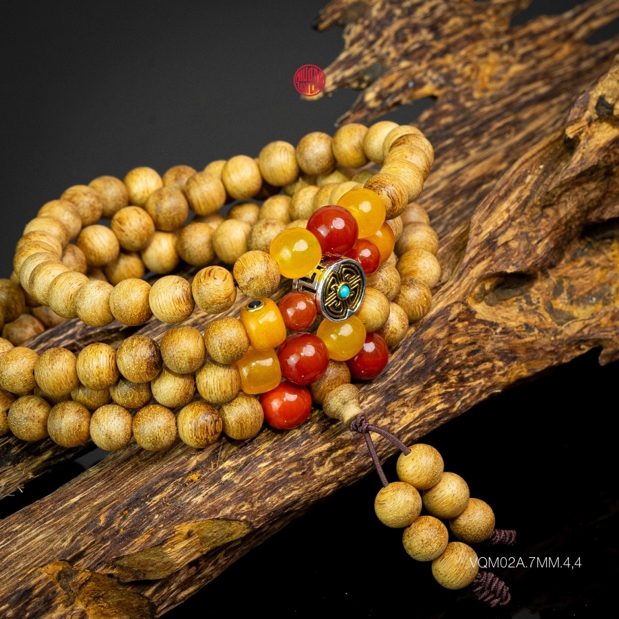 Chuỗi trầm hương 108 hạt 7 li banh mix đá Tây Tạng