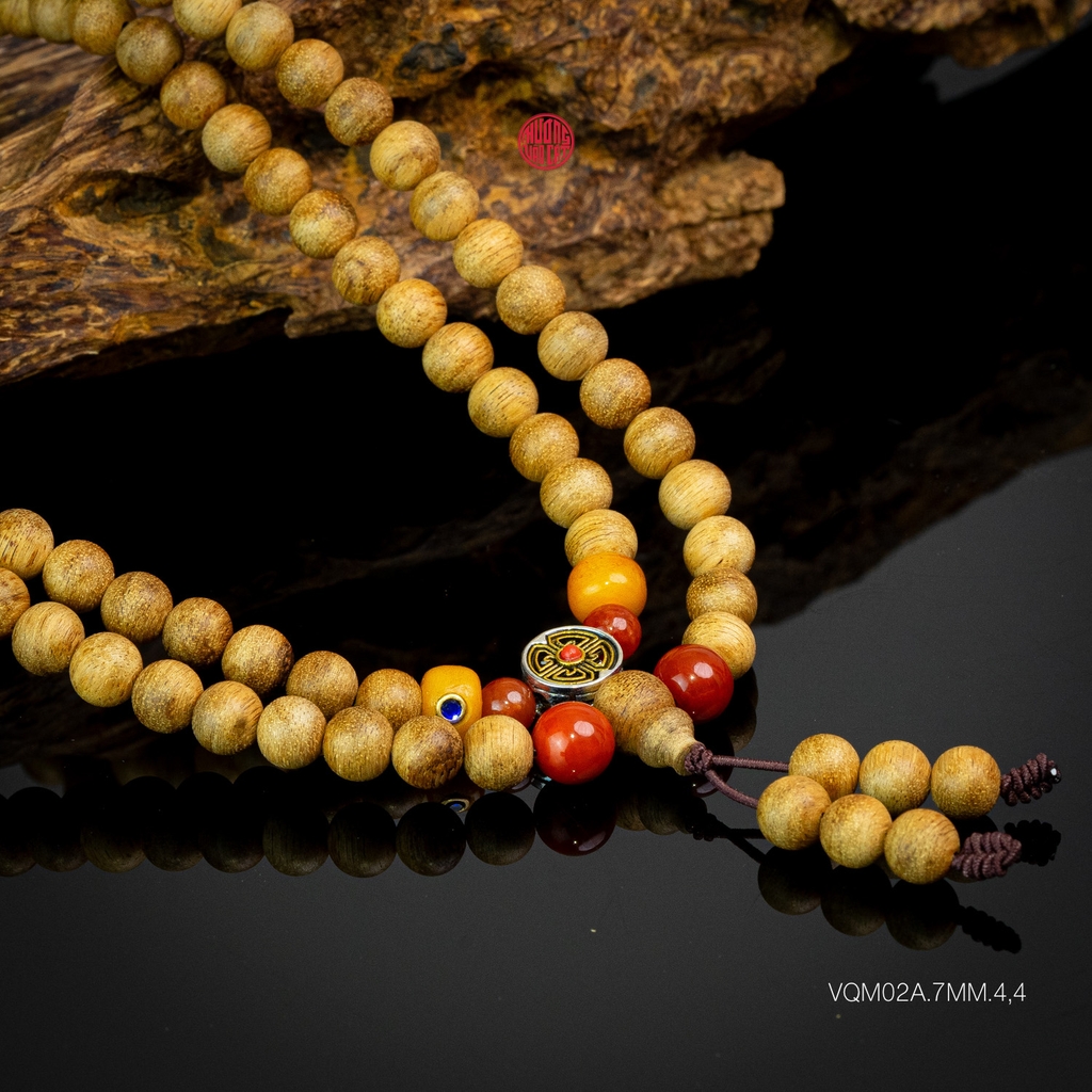 Chuỗi trầm hương 108 hạt 7 li banh mix đá Tây Tạng