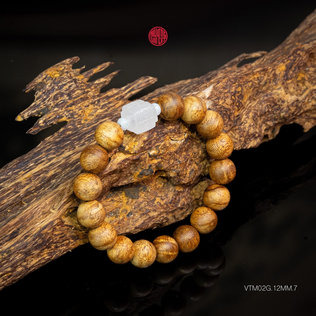 Vòng trầm hương banh già tròn 12 li mix đá trắng