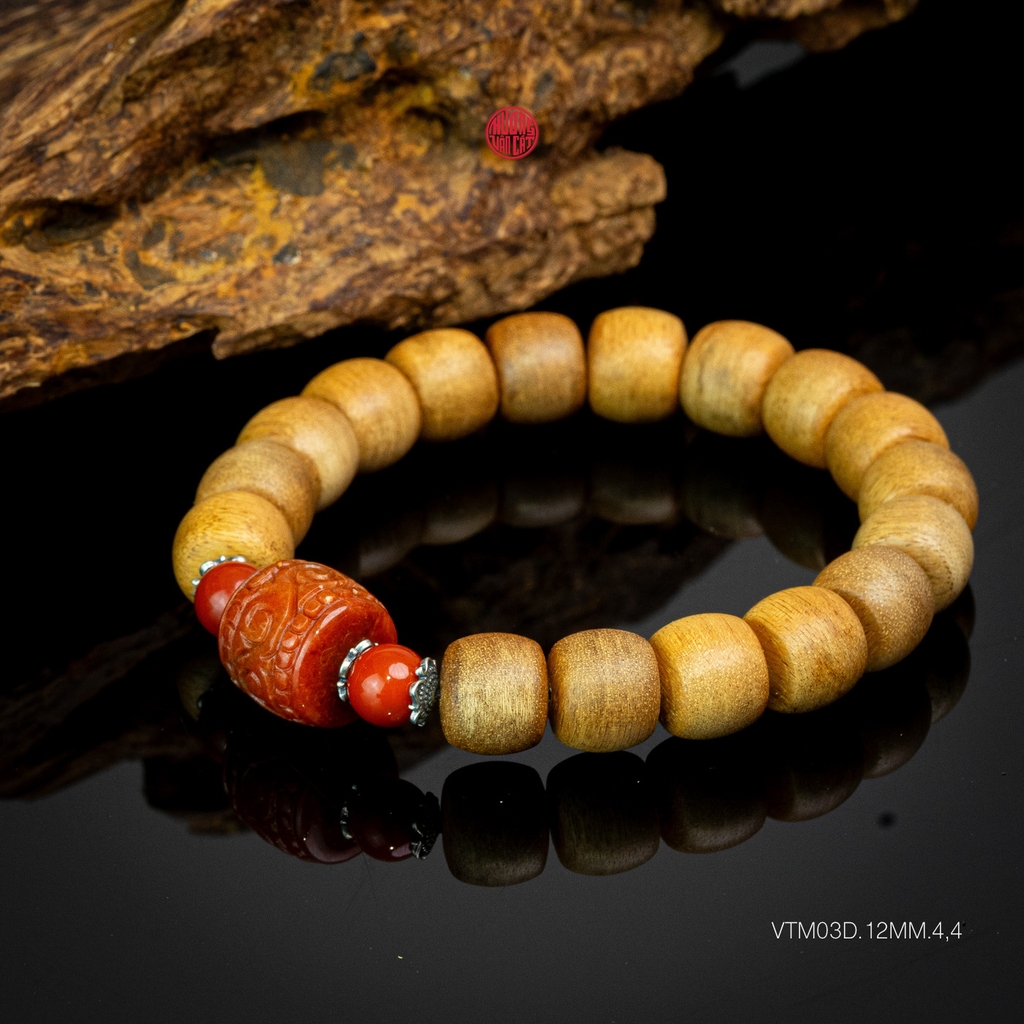 Vòng trầm hương lu thống 12 li mix đá lu thống đỏ