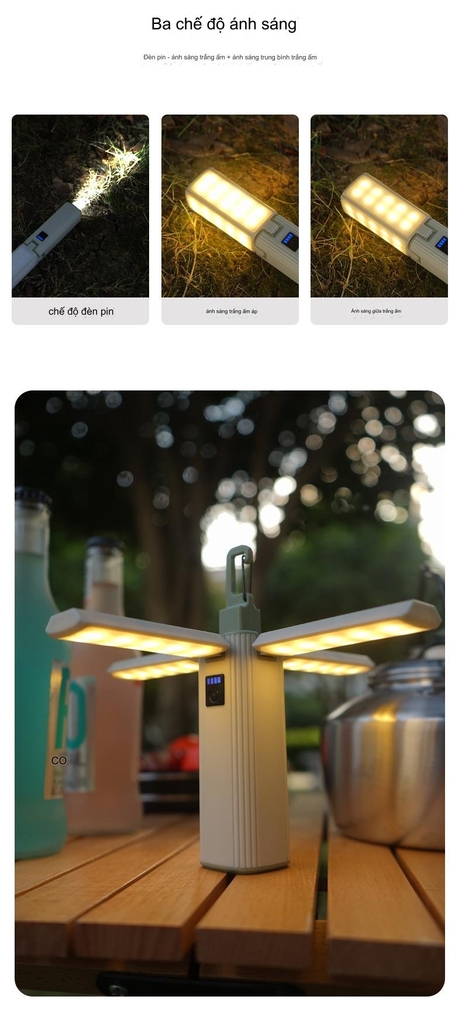 Đèn LED Treo Lều Da Năng Gấp Gọn 4 Cánh, Đèn Pin Kiêm Sạc Dự Phòng Chống Thấm Nước Cắm Trại Dã Ngoại