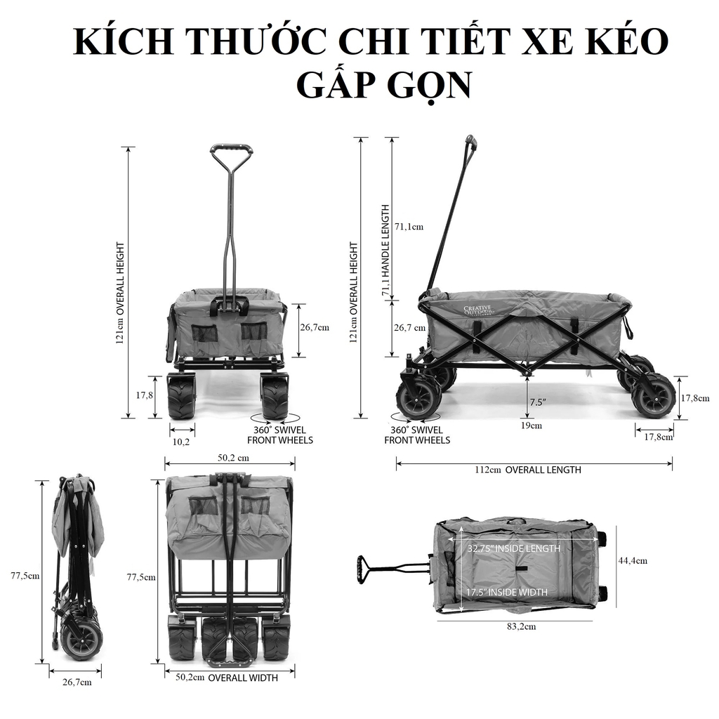 Xe Kéo Cắm Trại Dã Ngoại Gấp Gọn, Xe Đẩy Chở Đa Năng Đẩy Đồ Thông Minh Tiện Dụng