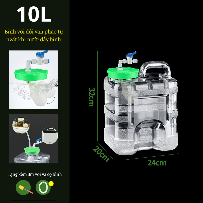 Bình Nước Trong Suốt 5L/7L/10L/15L/20L/24L Can Đựng Nước Cắm Trại Dã Ngoại Kèm Vòi Dự Phòng + Nắp Đậy + Ống Nối Dài + Cọ Bình