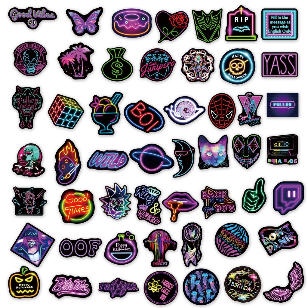 50 hình dán Sticker Neon không thấm nước dán laptop, nón bảo hiểm, xe, điện thoại, vali.. hình rời không lặp lại